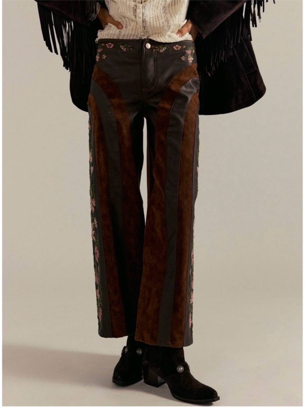 Free People We The Free Belle Embroidered Vegan Pants Shaved Chocolate Brown NWT